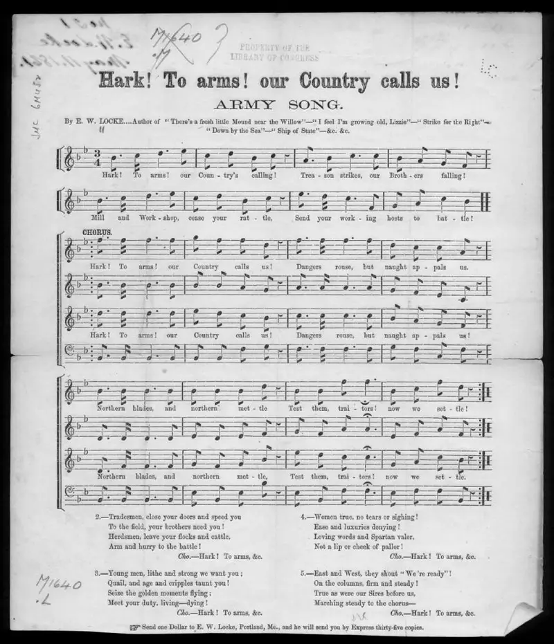Первая страница нот «Hark! to arms! our country calls us!»