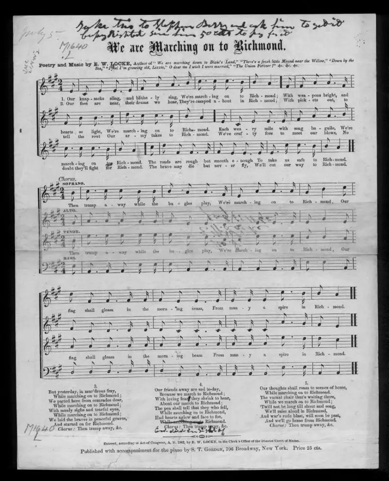 Первая страница нот «We are Маршing on to Richmond»