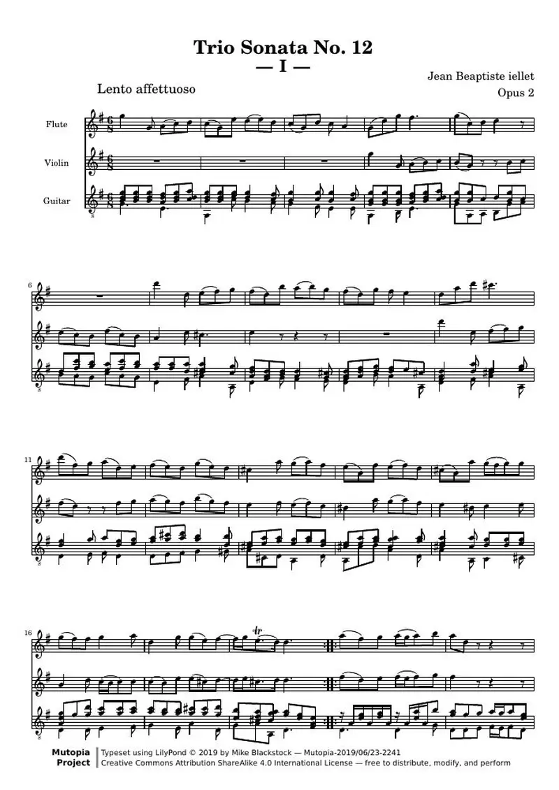 Первая страница нот «Trio Соната № 12 (соч. 2)»