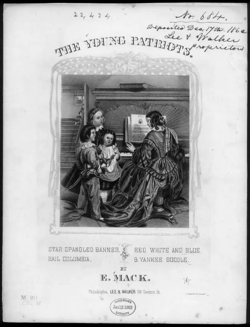 Первая страница нот «The Young patriots, The Star - spangled banner, Hail Columbia, Red white & blue and Yankee doodle»