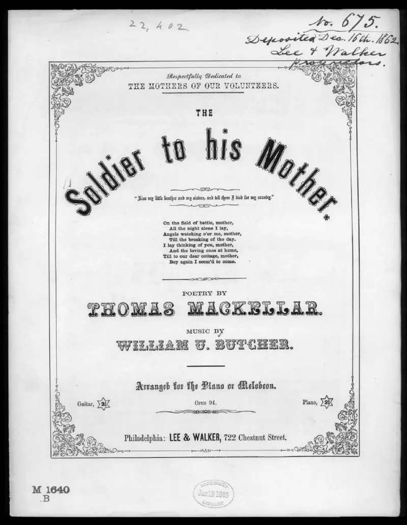 Первая страница нот «The Soldier to his mother, pathetic Песня»