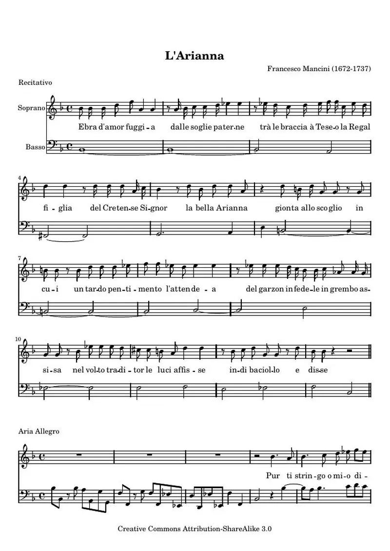Первая страница нот «Ebra d'Amor fuggia, Cantata a voce sola di Soprano»