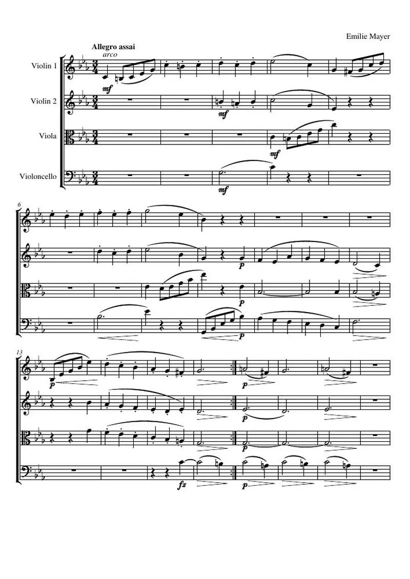 Первая страница нот «Струнный квартет G минор, соч.14: Скерцо. Allegro assai»