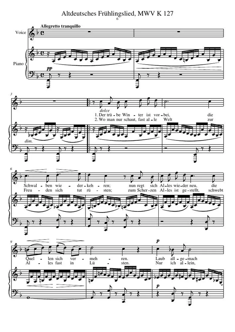 Первая страница нот «Altdeutsches Frühlingslied, MWV K 127 (6 Gesänge, соч.86)»