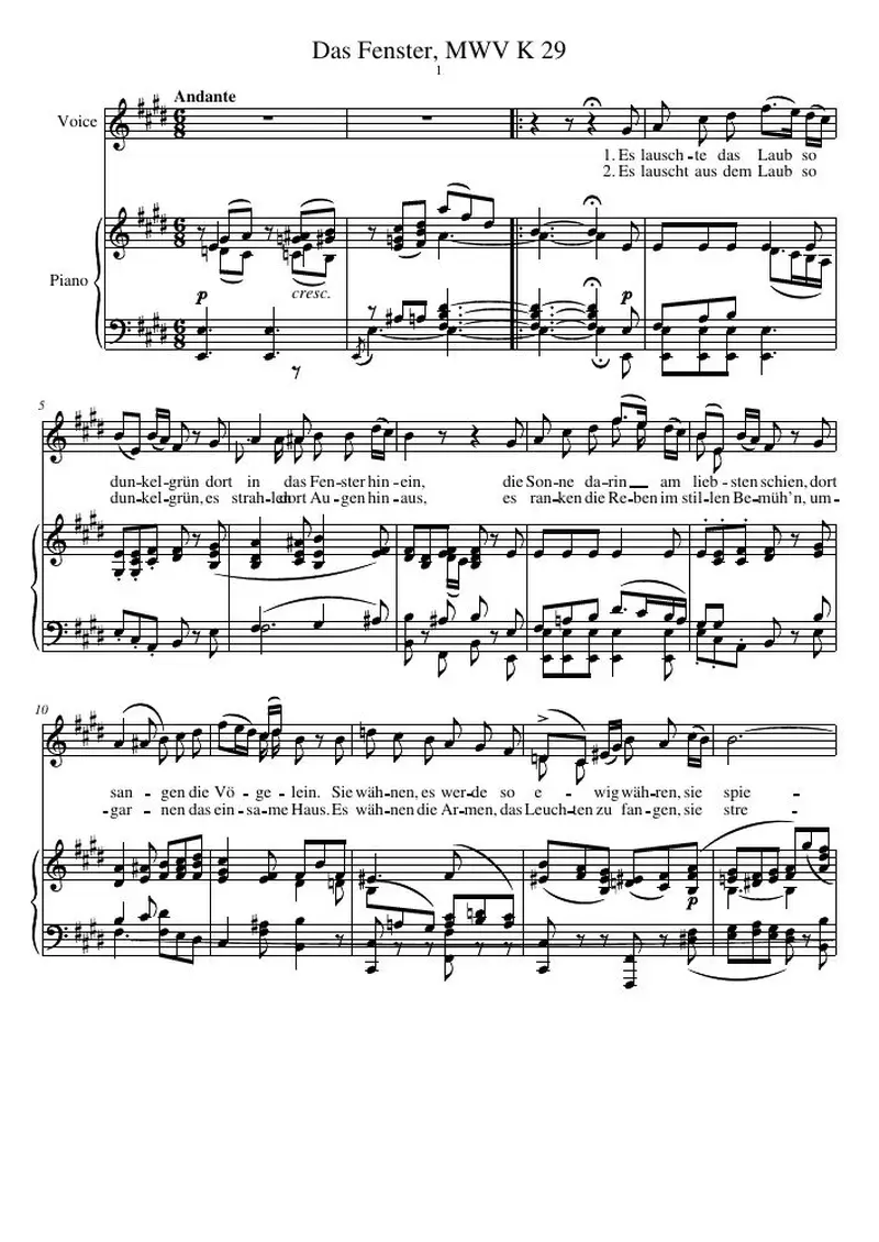 Первая страница нот «Das Fenster, MWV K 29»