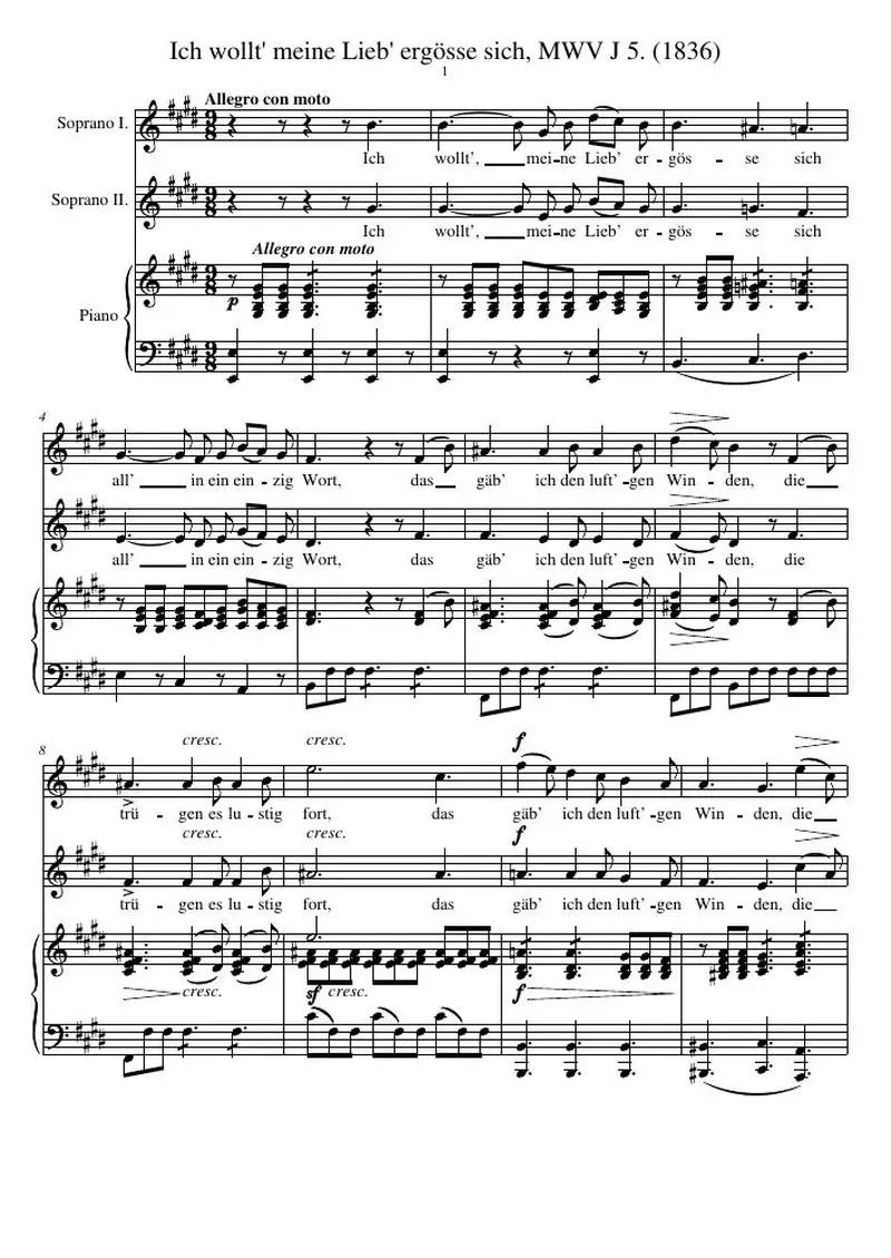 Первая страница нот «Ich wollt' meine Lieb' ergösse sich, MWV J 5. (1836)»