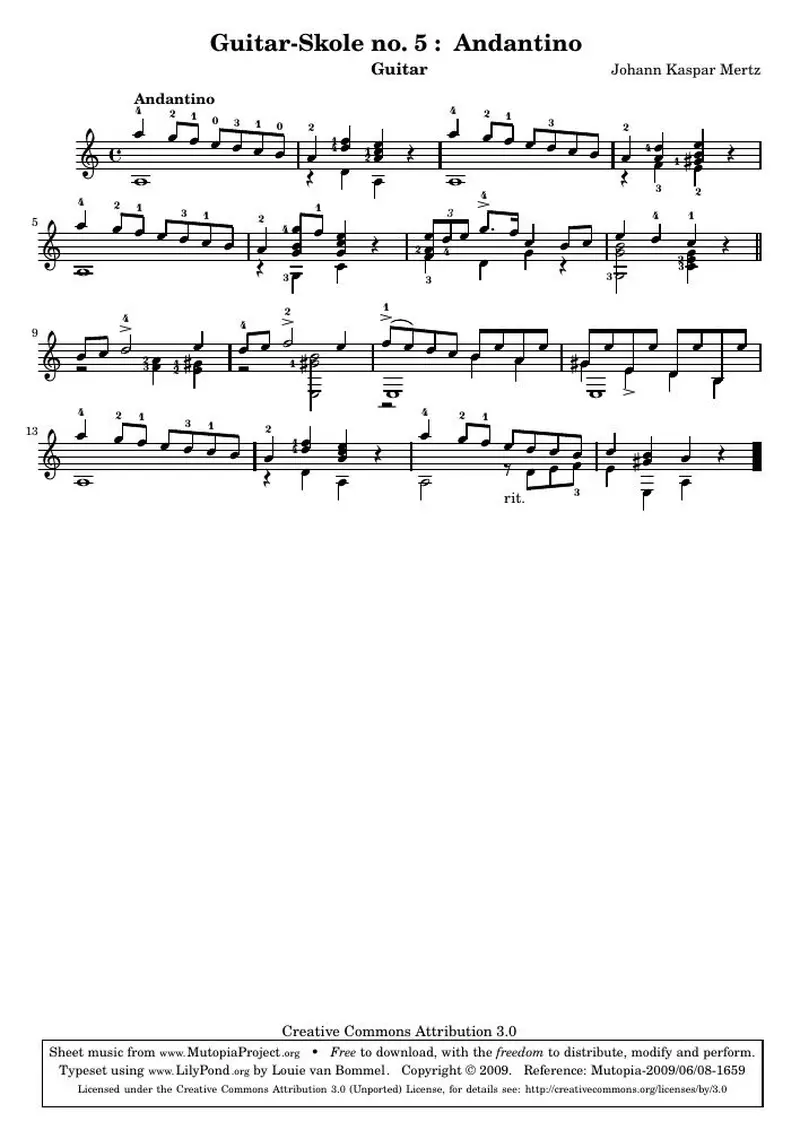 Первая страница нот «Guitar-Skole no. 5 : Andantino»