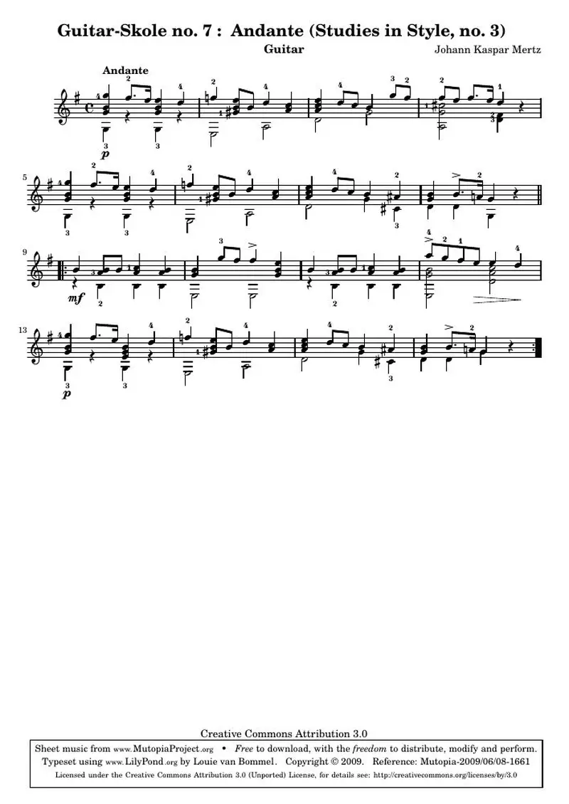 Первая страница нот «Guitar-Skole no. 7 : Andante (Этюд Style, no. 3)»