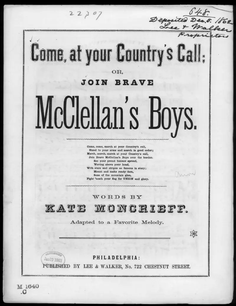 Первая страница нот «Come at your country's call, or Join brave McClellan's boys»