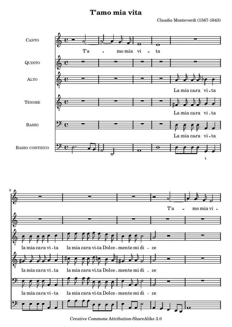 Первая страница нот «T'amo mia vita (SV 105)»