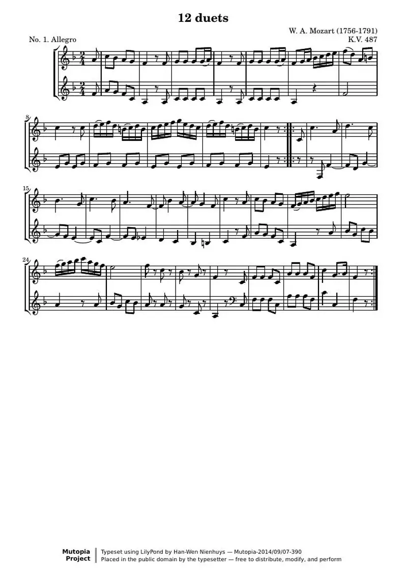 Первая страница нот «12 Duets (№ 1: Allegro)»