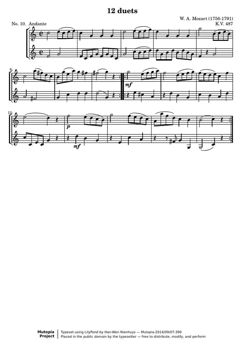 Первая страница нот «12 Duets (№ 10: Andante)»