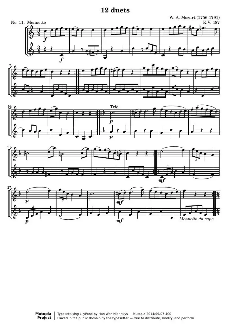 Первая страница нот «12 Duets (№ 11: Менуэтto)»