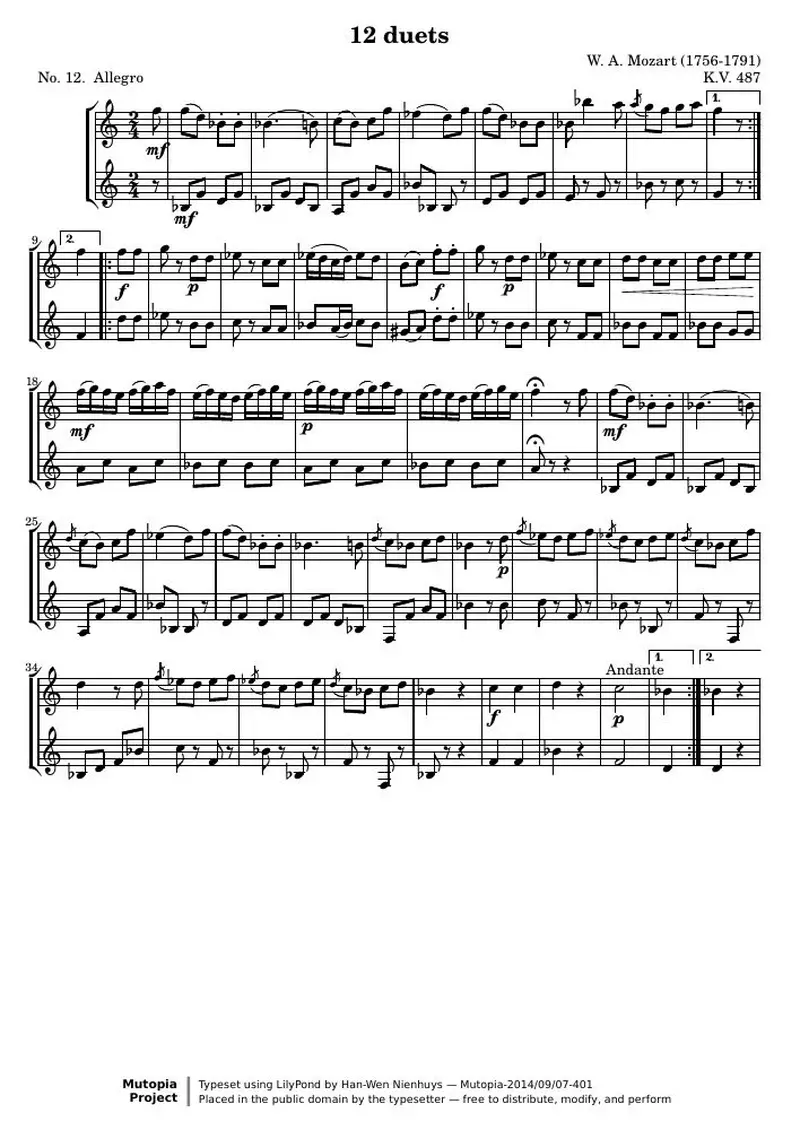 Первая страница нот «12 Duets (№ 12: Allegro)»