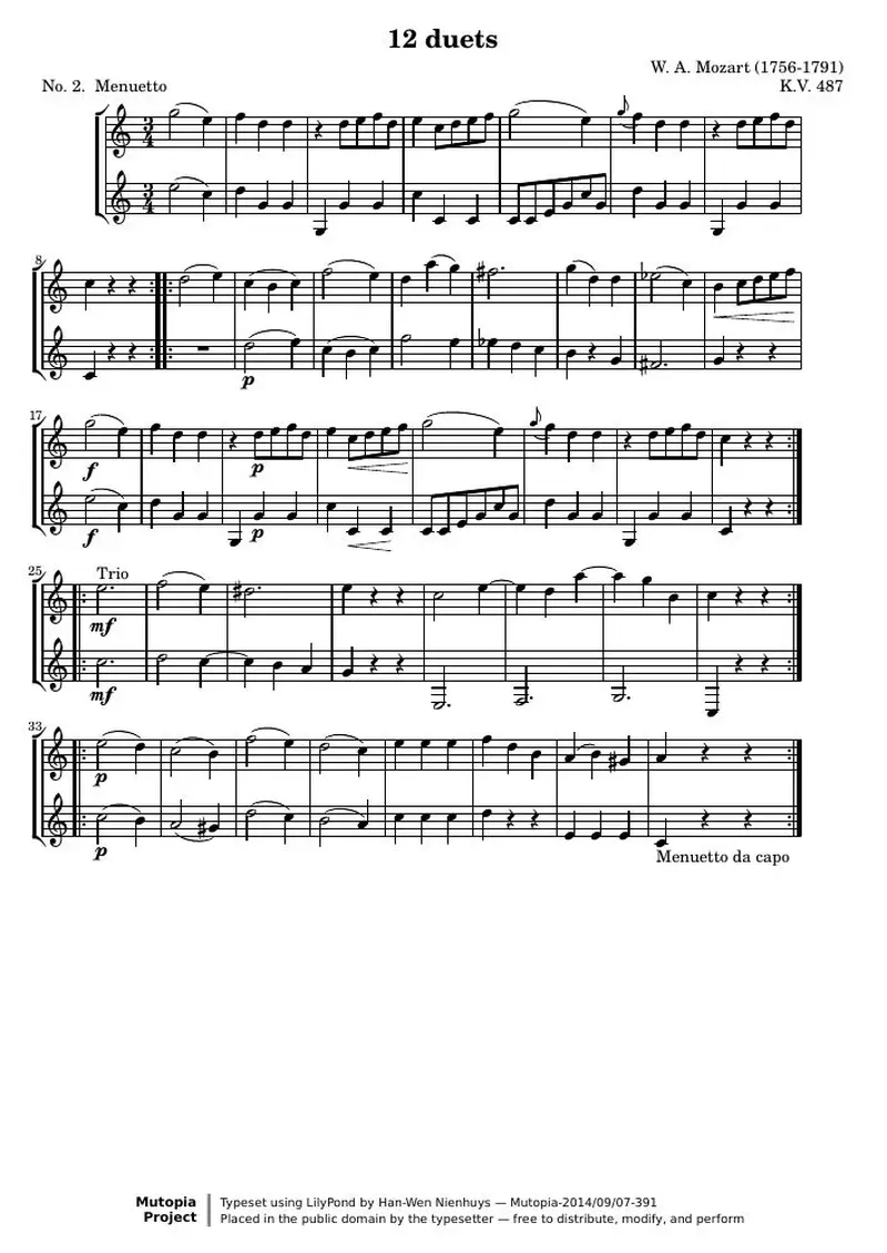 Первая страница нот «12 Duets (№ 2: Менуэтto)»