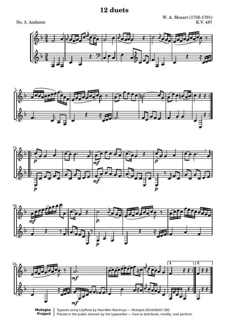 Первая страница нот «12 Duets (№ 3: Andante)»