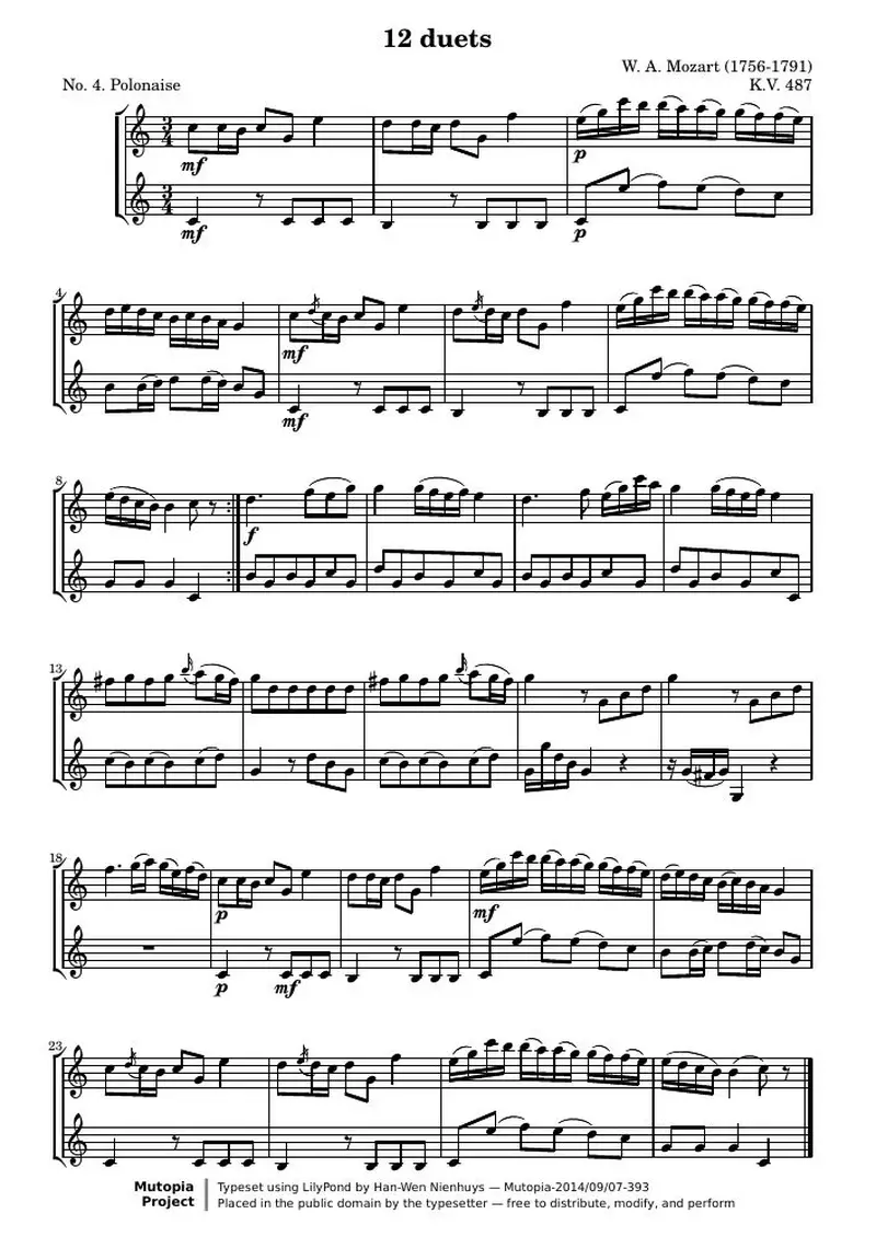 Первая страница нот «12 Duets (№ 4: Полонез)»
