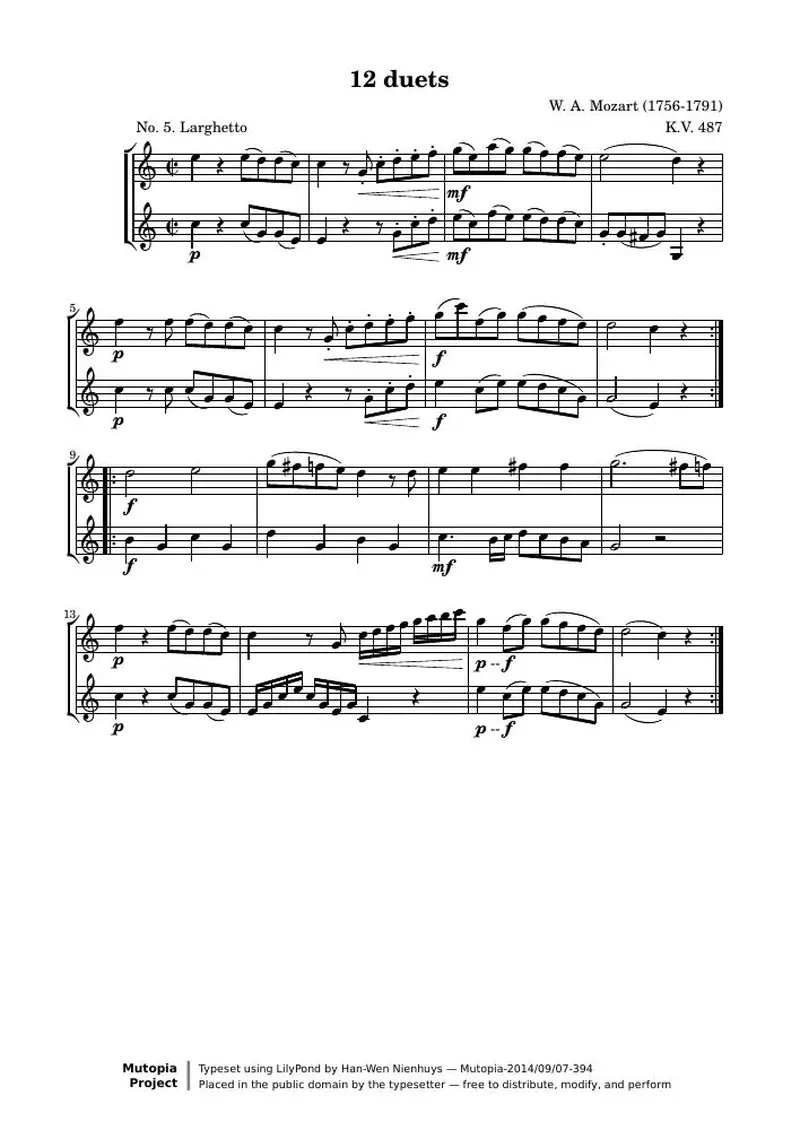 Первая страница нот «12 Duets (№ 5: Larghetto)»