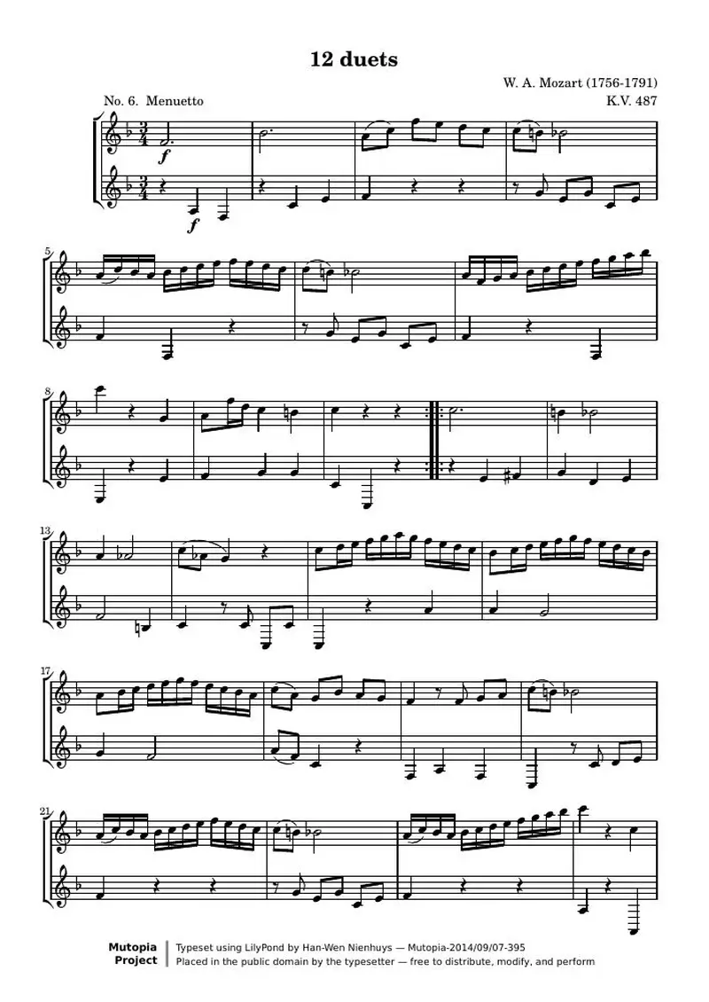 Первая страница нот «12 Duets (№ 6: Менуэтto)»