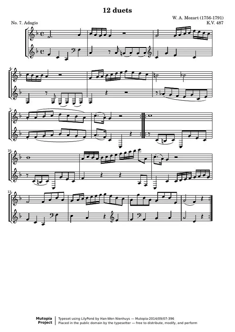 Первая страница нот «12 Duets (№ 7: Adagio)»