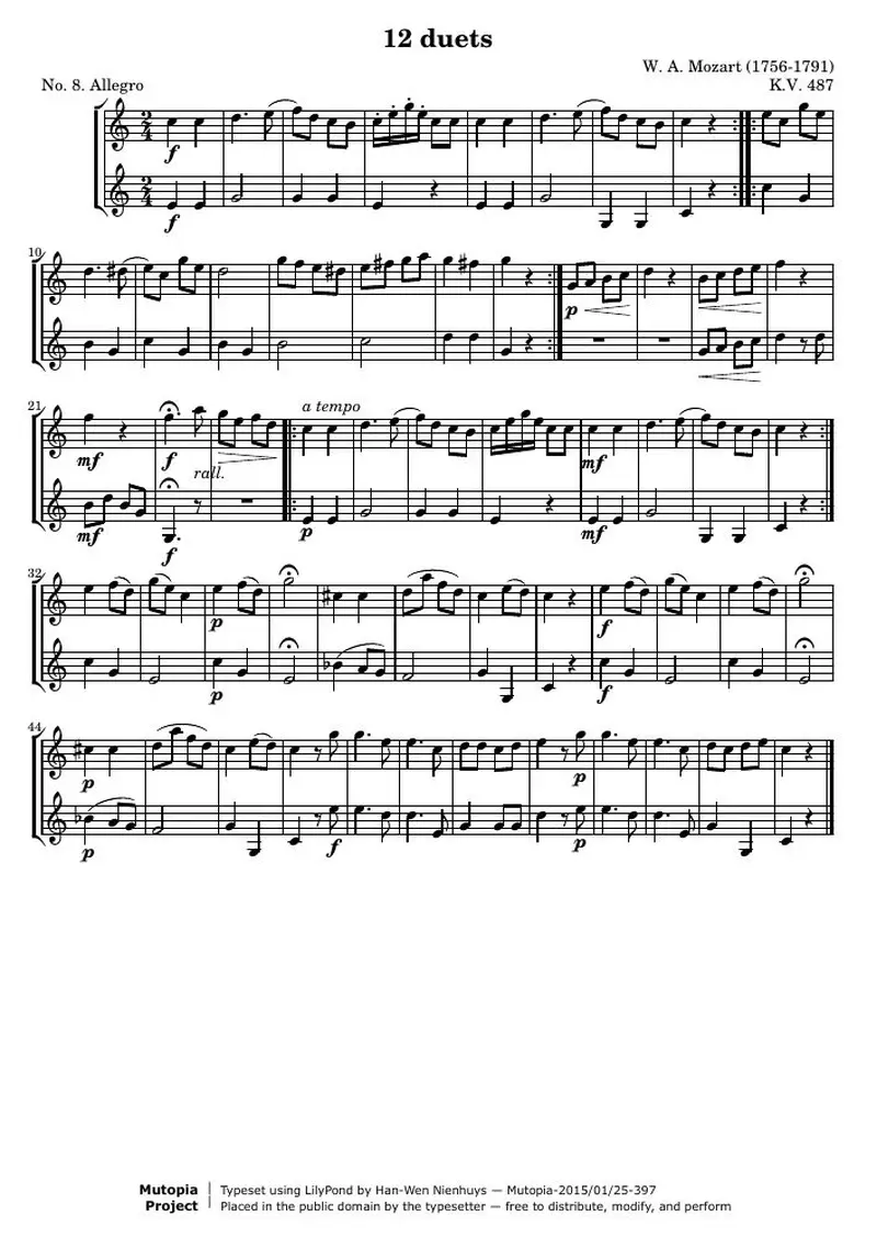 Первая страница нот «12 Duets (№ 8: Allegro)»