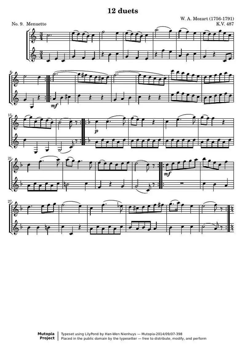 Первая страница нот «12 Duets (№ 9: Менуэтto)»