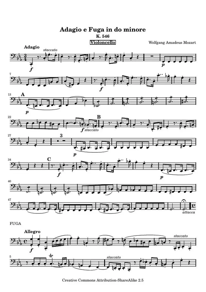 Первая страница нот «Adagio and Фуга C минор (KV 546) — Cello_parts»