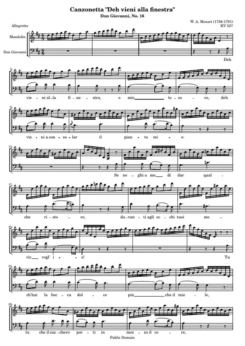 Первая страница нот «Canzonetta "Deh vieni alla finestra" from Don Giovanni (KV 527) — canz»