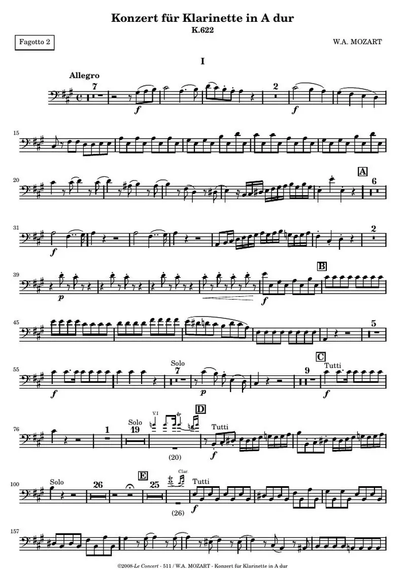 Первая страница нот «Clarinet Концерт (KV 622) — Basson2»