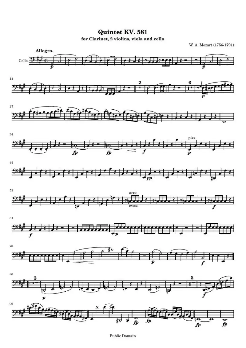 Первая страница нот «Clarinet Quintet KV. 581 (KV 581) — k581-cello»