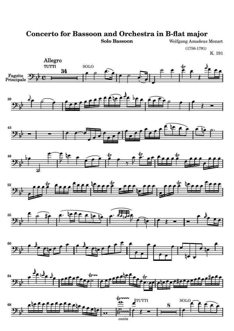 Первая страница нот «Концерт for Bassoon and Orchestra B flat major (KV 191) — bassoon»