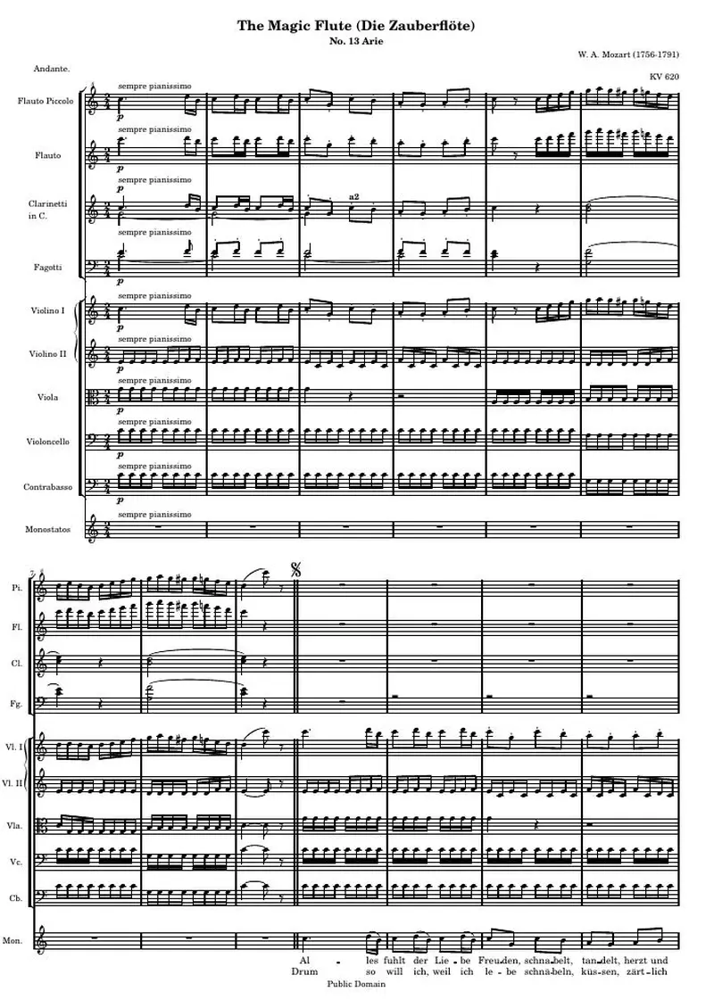 Первая страница нот «Die Zauberflöte (The Magic Flute) - № 13 Arie (KV 620) — MF13-ArieScore»