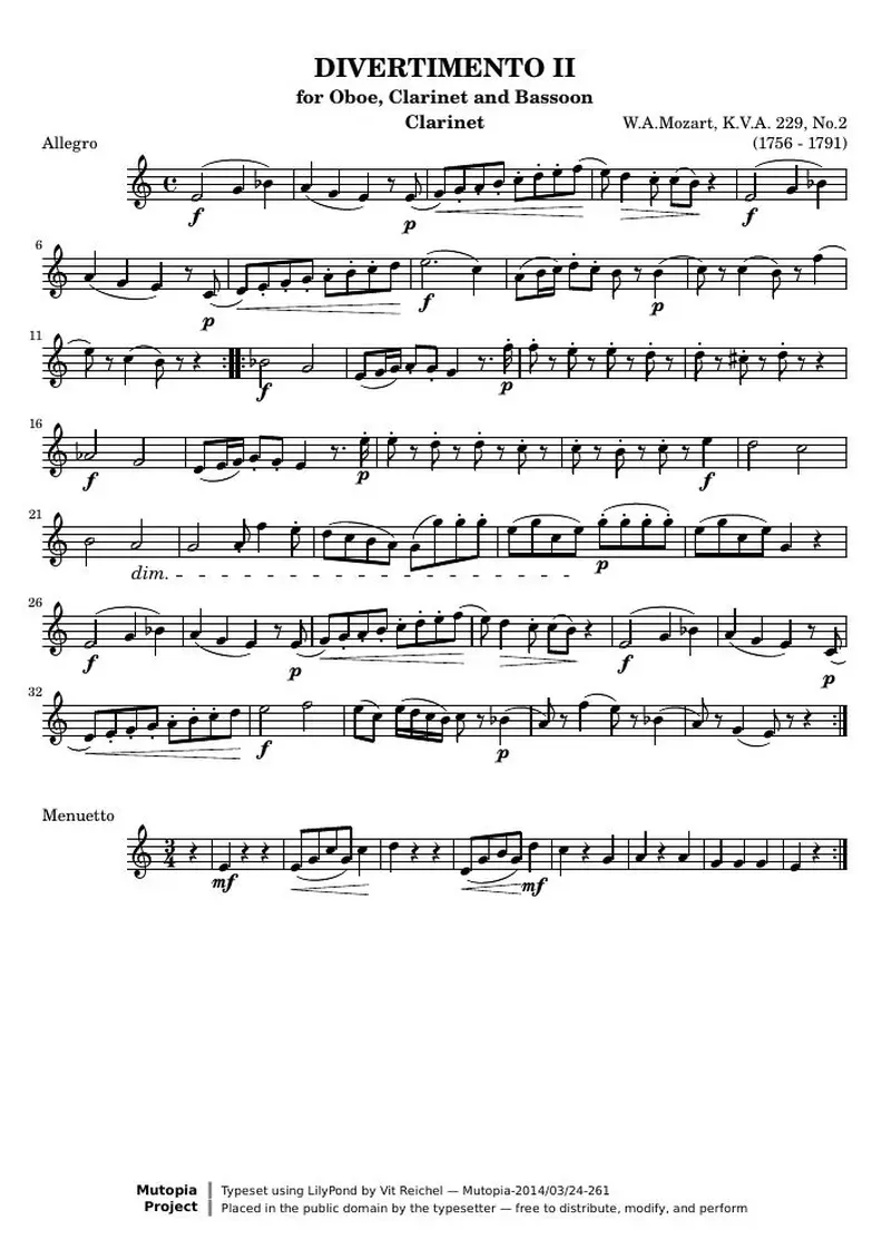 Первая страница нот «Divertimento II (KVA 229) — clarinet»
