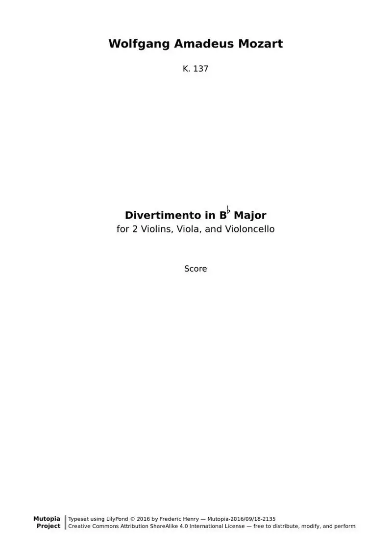 Первая страница нот «Divertimento Bb мажор (K. 137) — DivertimentoK137-score»