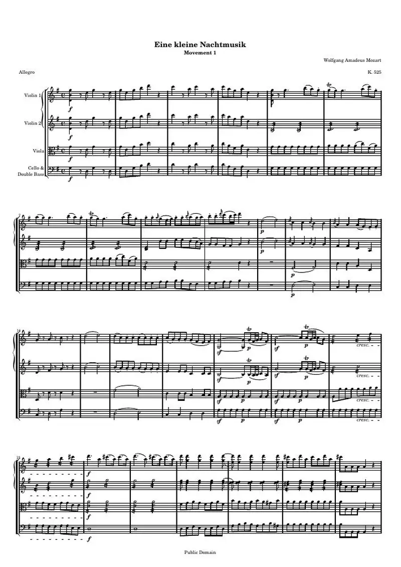 Первая страница нот «Eine kleine Nachtmusik (1st movement) (KV 525) — eine-kleine-nachtmusik-mvt1»