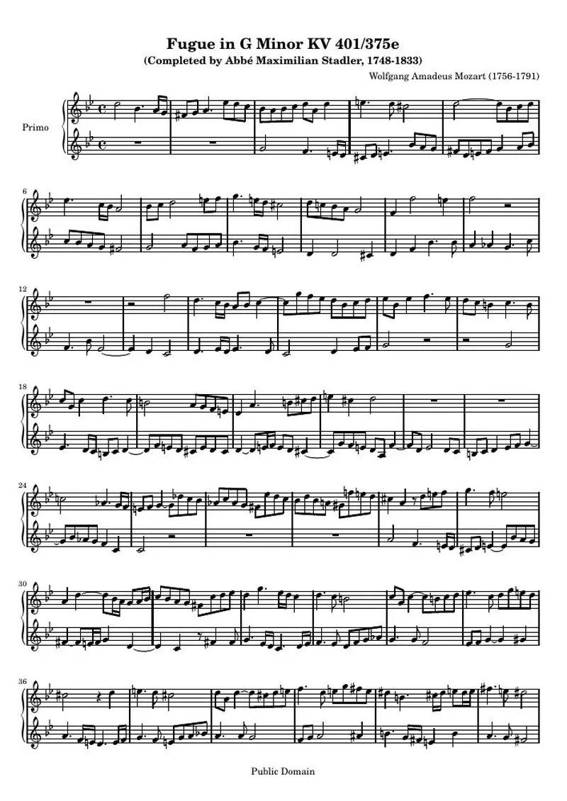 Первая страница нот «Фуга G минор KV 401/375e (KV 401/375e) — k401-four-hands1»