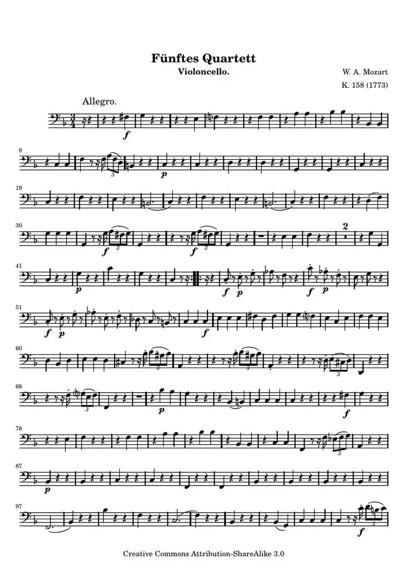 Первая страница нот «Funftes Квартетt (KV 158) — celloscore»