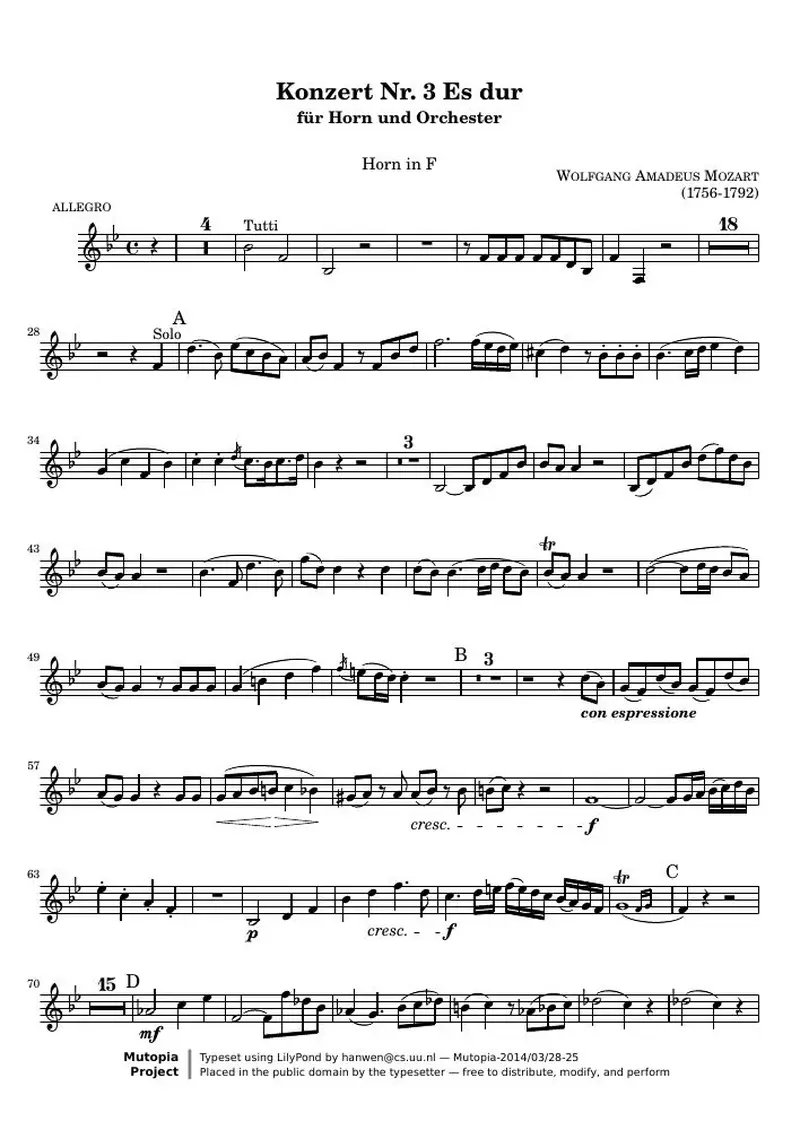 Первая страница нот «Horn Концерт № 3 (KV 447) — mozart-hrn-3»