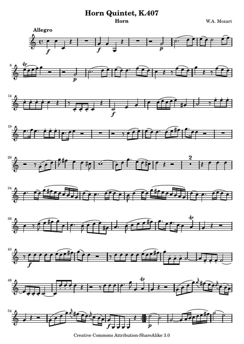 Первая страница нот «Horn Quintet, K.407 (K.407) — horn»