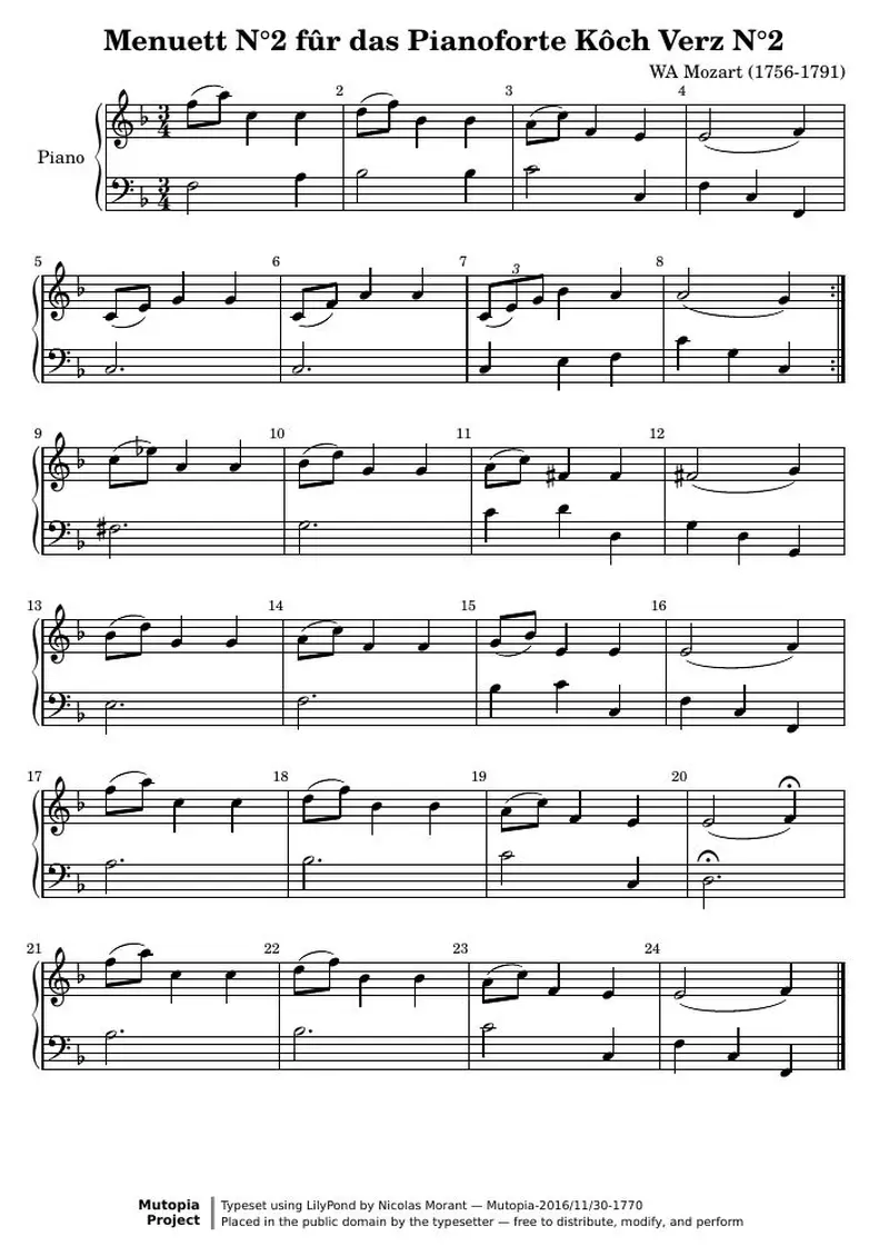 Первая страница нот «Менуэтt N°2 fûr das Pianoforte Kôch Verz N°2»