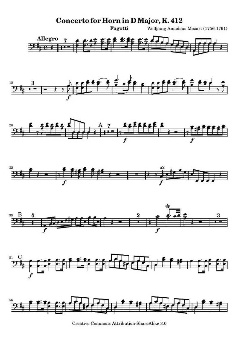 Первая страница нот «Mozart Horn Концерт № 1 (K 412) — Bassoons»