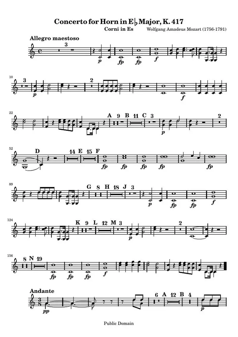 Первая страница нот «Mozart Horn Концерт № 2 (K 417) — Horns»