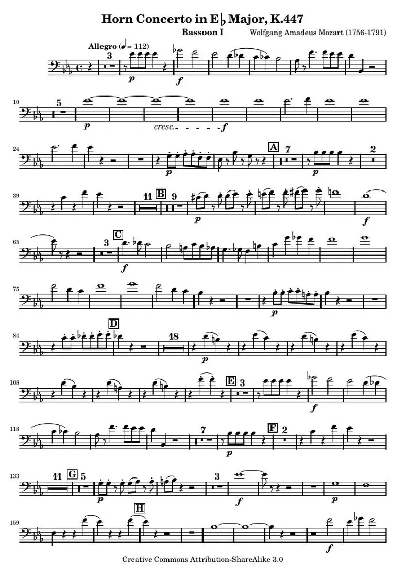Первая страница нот «Mozart Horn Концерт №3 (K 447) — bassoon1»