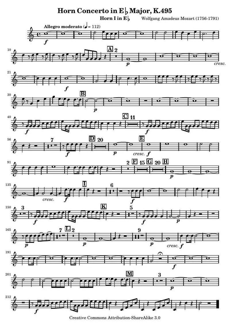 Первая страница нот «Mozart Horn Концерт №4 (K 495) — Horn1»