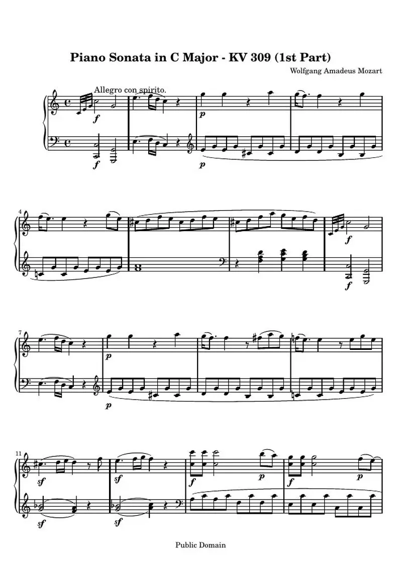 Первая страница нот «Piano Соната C мажор - KV 309 (1st Part)»
