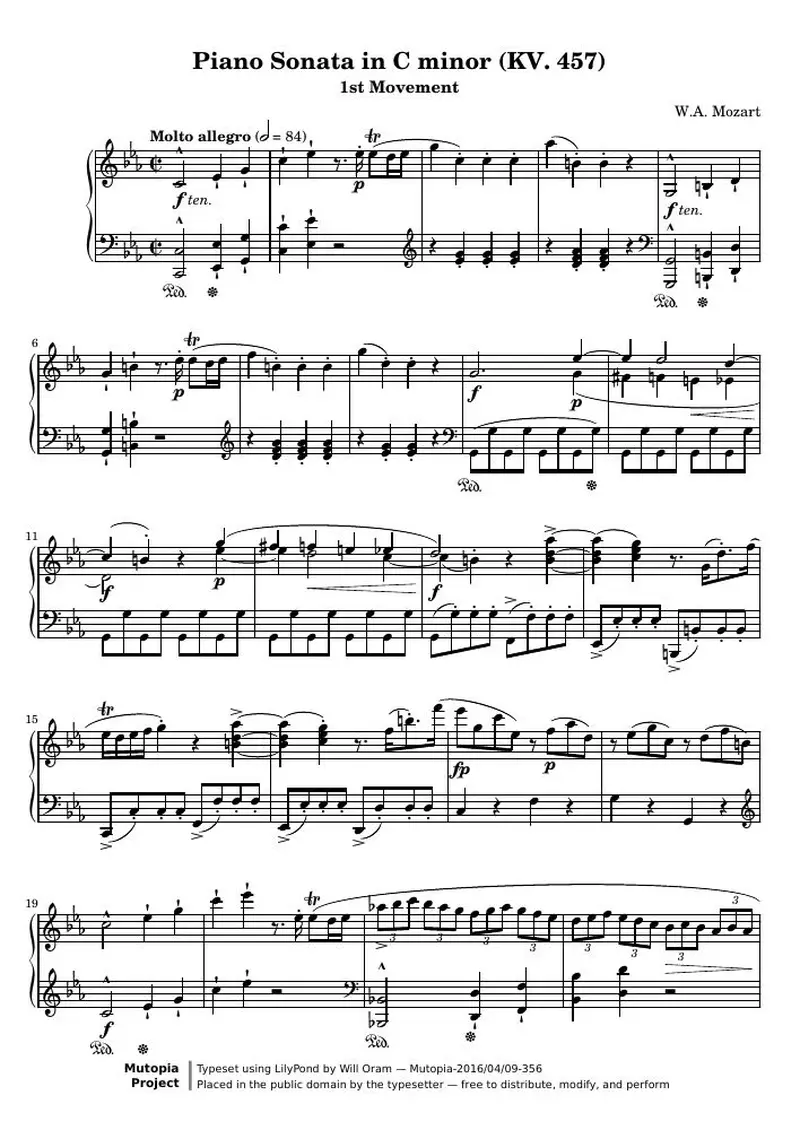 Первая страница нот «Piano Соната C минор - KV. 457 (1st Movement)»