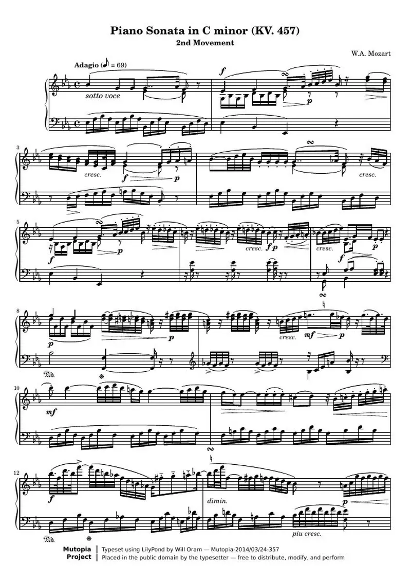 Первая страница нот «Piano Соната C минор - KV. 457 (2nd Movement)»