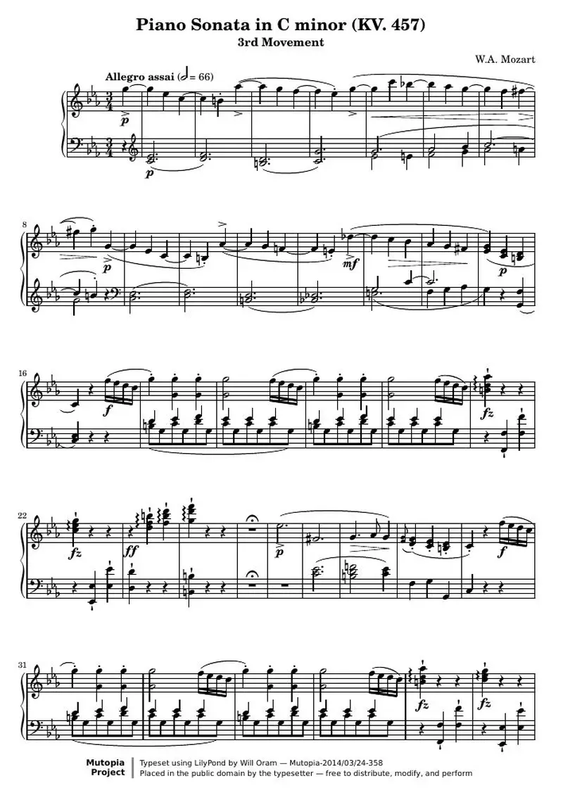 Первая страница нот «Piano Соната C минор - KV. 457 (3rd Movement)»