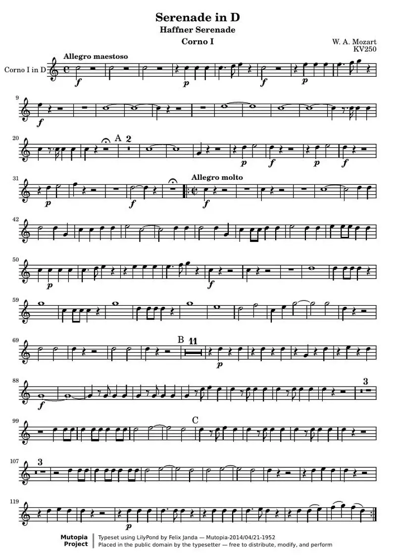Первая страница нот «Serenade D (KV250) — cornoI»