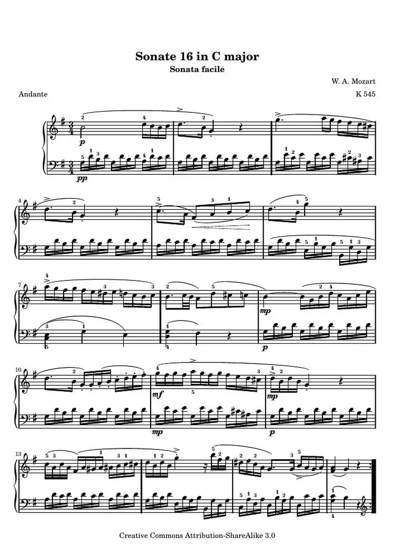 Первая страница нот «Соната Facile - Second movement»